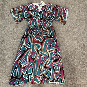 ADOR Abstract Maxi Dress Women's Medium Pockets Cinched Waist Batwing Sleeve